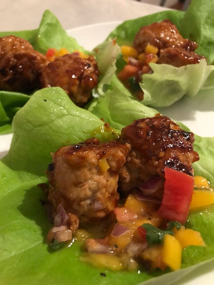 ASIAN CHICKEN MEATBALL LETTUCE WRAPS WITH MANGO SLAW - Skinny Daily Recipes